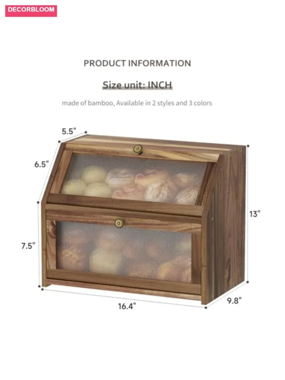 Double-Layer Acacia Wood Bread Box Farmhouse Storage Bin Large